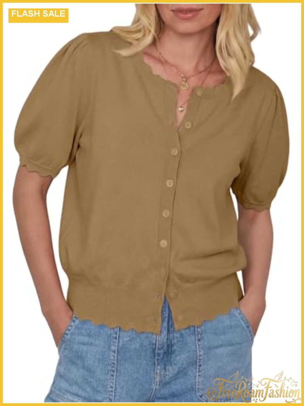 Short Sleeve Button Up Cardigan with Puff Sleeves Scalloped Crewneck Knit